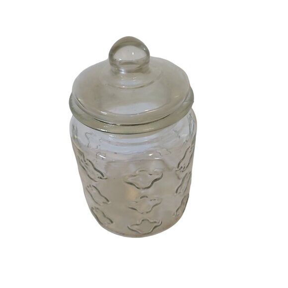 Vintage Embossed Glass Jar With Lid 8 Inches Tall Decorative Storage Container - Picture 1 of 7